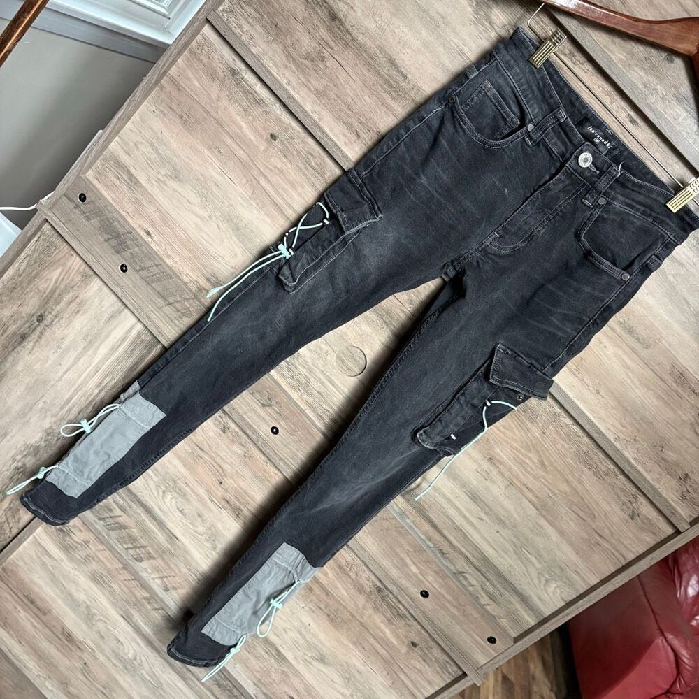 Serenede 28 Black Cargo Skinny Jeans Turquoise Patches Bungees Sporty Edgy Punk - Picture 2 of 14